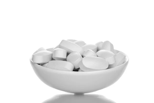 Several Vitamin Tablets White Ceramic Saucer Close Isolated White — Zdjęcie stockowe