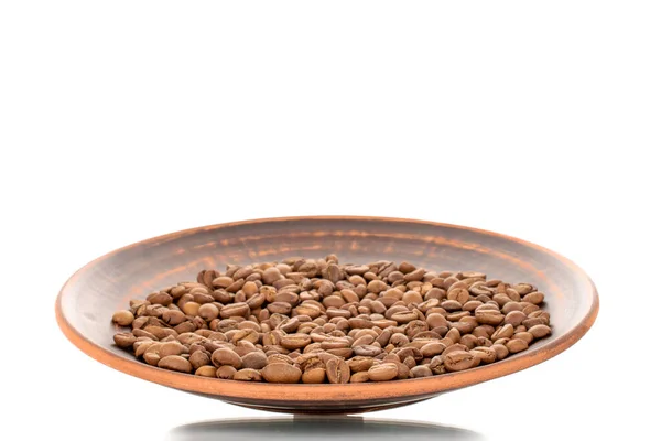 Several Fragrant Freshly Roasted Coffee Beans Clay Plate Close Isolated — Zdjęcie stockowe