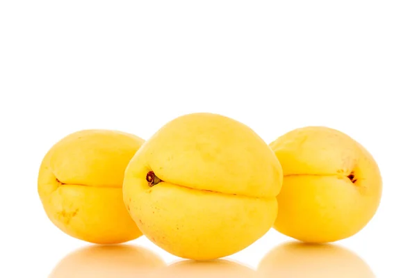 Τρία Λαμπερά Κίτρινα Ζουμερά Βερίκοκα Ανανά Μακρο Απομονωμένα Λευκό Φόντο — Φωτογραφία Αρχείου
