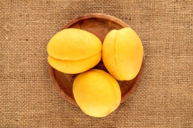 Three bright yellow juicy pineapple apricots with a wooden saucer on a jute napkin, macro, top view.