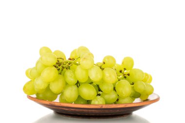One bunch of white grapes Quiche mish on a ceramic plate, close-up, isolated on a white background.