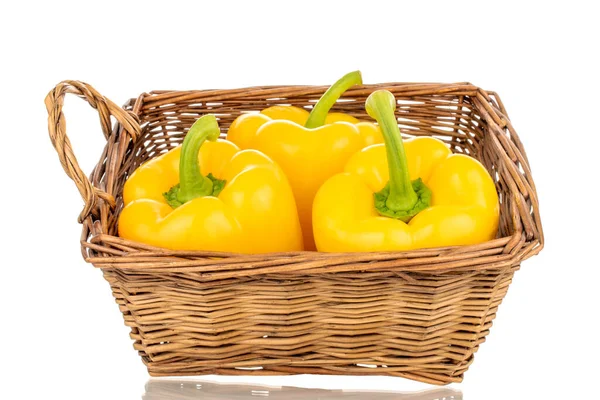 Three Sweet Peppers Bright Yellow Color Basket Macro Isolated White — Stok fotoğraf