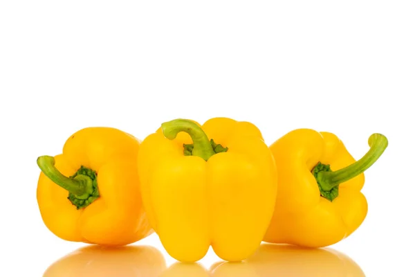 Three Sweet Peppers Bright Yellow Color Macro Isolated White Background — Stockfoto