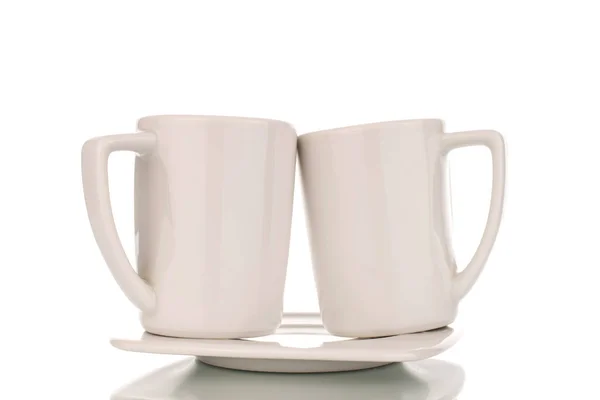 Two White Ceramic Coffee Cups Saucer Close Isolated White Background — Stock Photo, Image