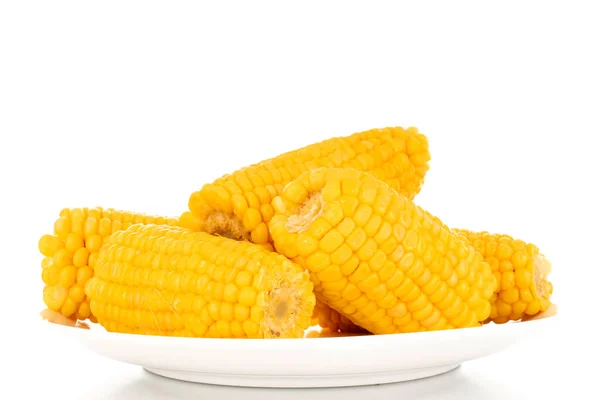 几个香喷喷的玉米放在白盘上 宏观上 白色背景隔离 — 图库照片