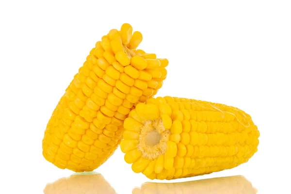 Dva Voňavé Vařené Kukuřice Makro Izolované Bílém Pozadí — Stock fotografie