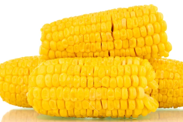 Trzy Pachnące Gotowanej Kukurydzy Makro Izolowane Białym Tle — Zdjęcie stockowe