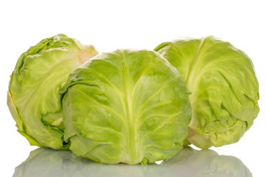 Üç taze lahana, makro, beyaz arka planda izole edilmiş..