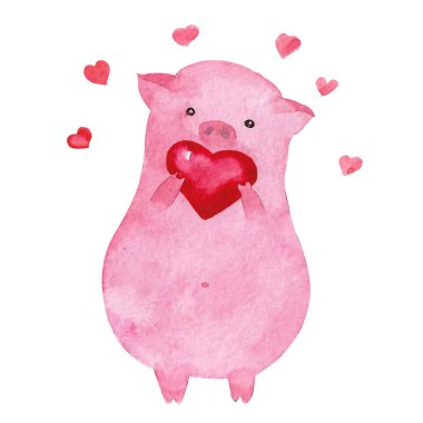 Suluboya Sevgililer Günü domuzu. Yaban Domuzu 'nun elinde beyaz bir kalp var. Pembe Piglet aşkını itiraf etti..