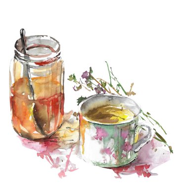 Suluboya çay ve bal. El yapımı illüstrasyon beyaz arkaplanda izole.