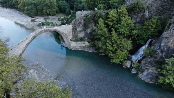 Old Stone Bridge Konitsa Aoos River Aerial Drone View Epirus — Stock Photo, Image