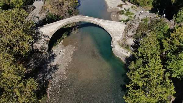 Vieux Pont Pierre Konitsa Rivière Aoos Vue Aérienne Sur Drone — Photo