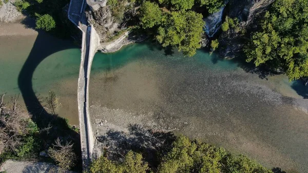 Old Stone Bridge Konitsa Aoos River Aerial Drone View Epirus — Stock Photo, Image