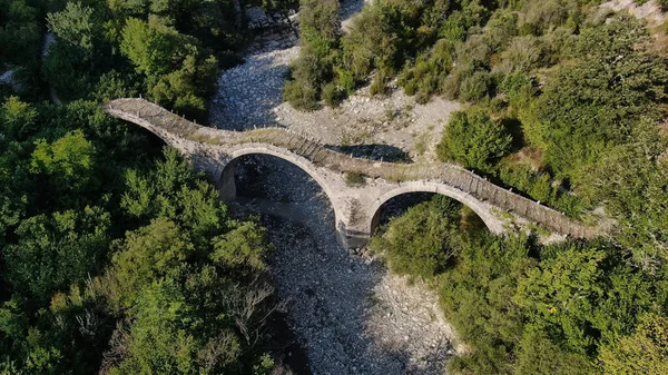 Old Stone Bridge Plakida Aerial Drone View Zagori Ioannina Epirus — Stock Photo, Image