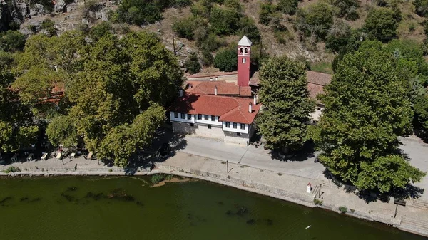 Kota Kastoria Danau Orestiada Biara Mavriotissa Pandangan Drone Udara Makedonia — Stok Foto