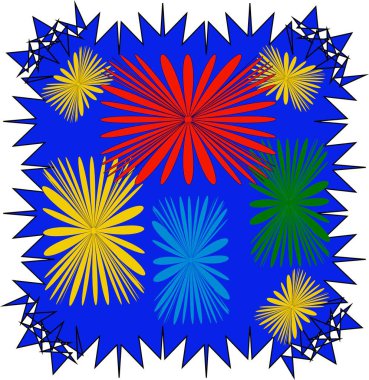  Mavi arka planda çok renkli güzel çiçekler.