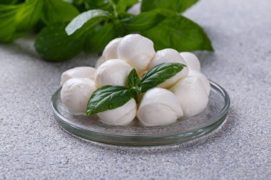 Gri taş masa fotokopi alanında Mozzarella peyniri ve fesleğen. İtalyan Caprese salatası için malzemeler