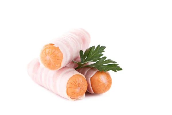 Uncooked German Sausages Wrapped Bacon Parsley Isolated White — Stock Photo, Image