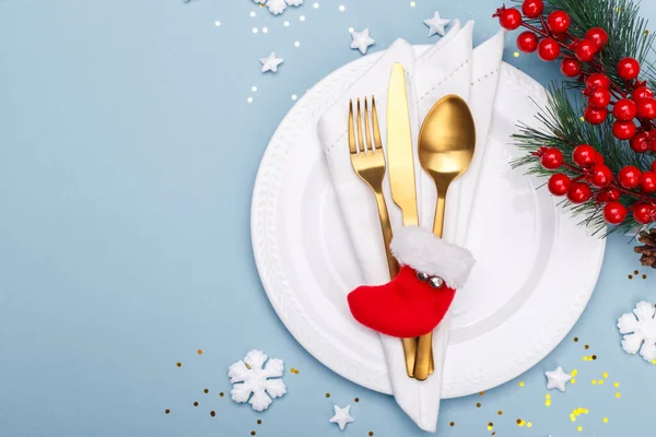 Christmas New Year Table Setting Golden Cutlery Blue Background Copy — Stock Photo, Image