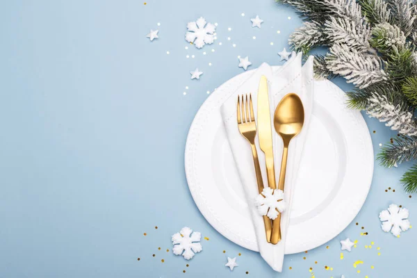 Christmas New Year Table Setting Golden Cutlery Blue Background Copy — Stock Photo, Image