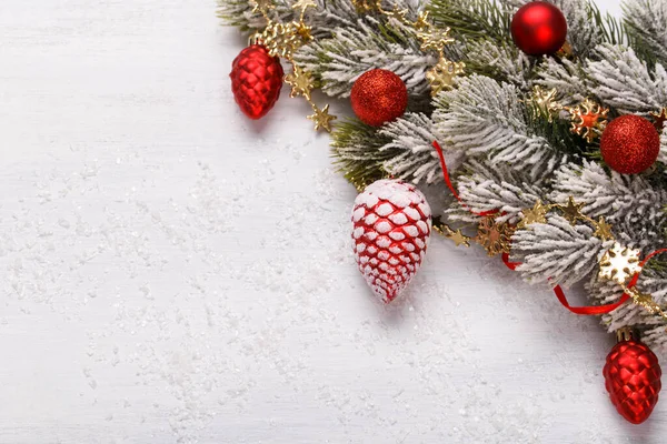 Christmas Red Gold Ornaments White Background Snow Copy Space Top — Fotografia de Stock