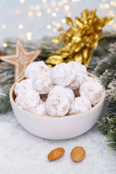 Traditional Christmas Snowball Cookies Almonds Snowy Background Vertical —  Fotos de Stock