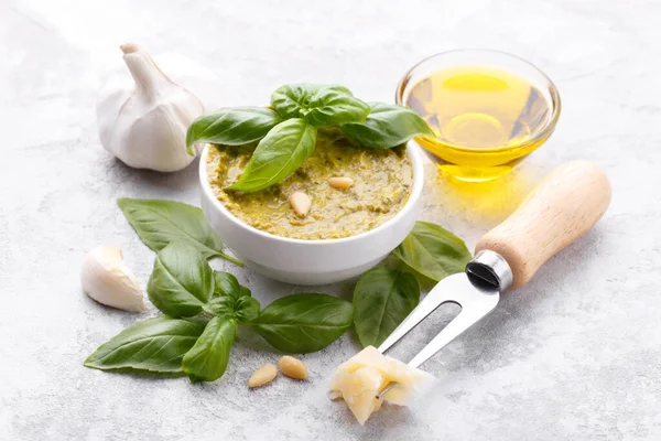 Pesto Sauce Ingredients Black Cheese Board Basil Garlic Pine Nuts — Stock Photo, Image