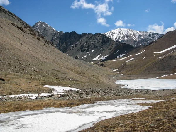 İnanılmaz büyük bir buzul. Bulutlu gökyüzünde karlı dağ sıraları. Kurai Sıradağları manzarası. Karlı muhteşem kayalık bir tepe. Dağların görkemli doğasının atmosferik manzarası. seçici odak