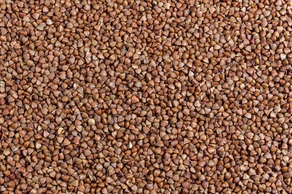 Karabuğday üst üste karabuğday yetiştirir. Karabuğday dokuyu, arkaplanı, tasarımı büyütür. Makro fotoğraf karabuğday yığınları. Kahverengi karabuğday süs niyetine. Üst görünüm, yakın plan.