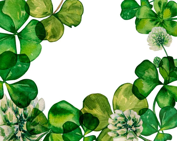 Shamrock Und Klee Quadratischen Rahmen Aquarell Auf Weißem Hintergrund Handgemalte — Stockfoto