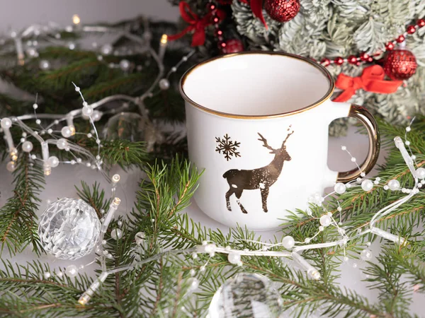 Mug Coffee Sprigs Spruce New Year Garland Candle Table Christmas — Stock Photo, Image