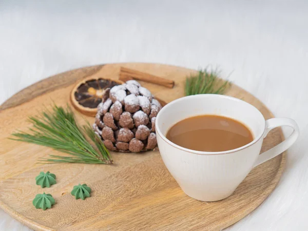 Sweet Chocolate Dessert Shape Cone Wooden Tray White Background Christmas — Stock Photo, Image