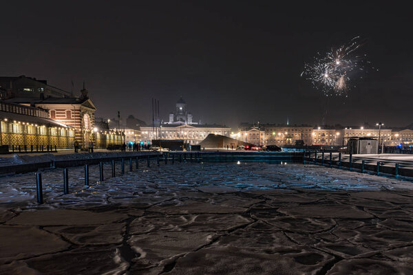 Helsinki. Finland. 01 January 2022. Market square. View of the white church. Happy fireworks. meeting the new year 2022