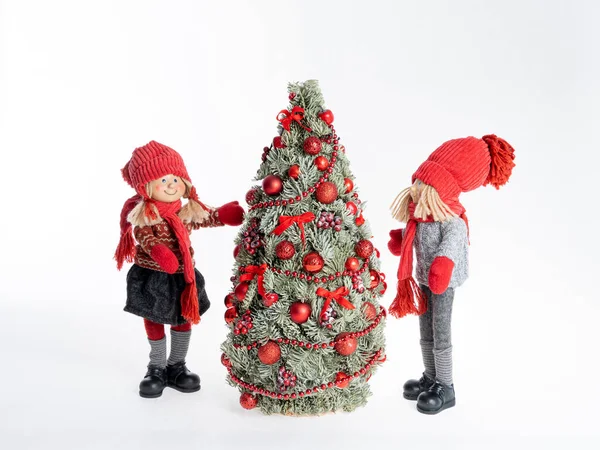 Muñeca Niña Niño Con Árbol Navidad — Foto de Stock