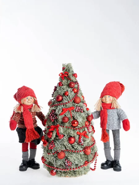 Muñeca Niña Niño Con Árbol Navidad — Foto de Stock