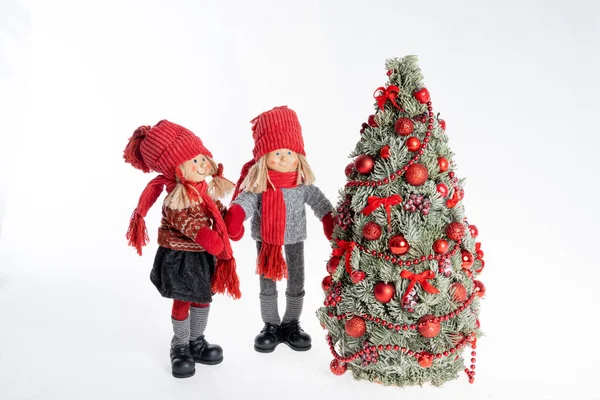 Muñeca Niña Niño Con Árbol Navidad — Foto de Stock