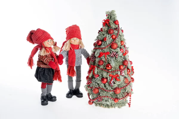 Panenka Dívka Chlapec Vánoční Stromeček — Stock fotografie