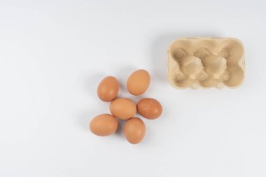 Tavuk kahverengi yumurtalar yatar ve taşınmak için bir kutunun yanında beyaz arka planda Tex için bir yer vardır.