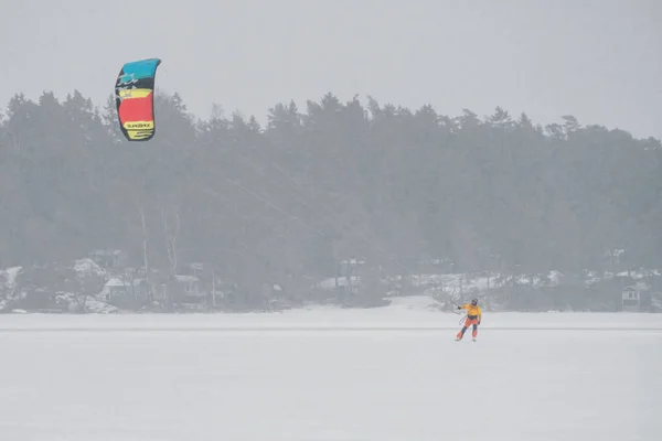 Finland Espoo January 2022 Ice Sea Kite Surfer Skis Bad — Stock Photo, Image