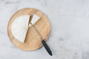 Peynir bıçağı ve dilimlenmiş beyaz peynir. Tahta bir tabakta geleneksel sütlü süt ürünü. Ev, Country tarzı.