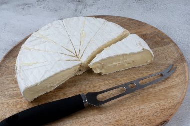 Peynir bıçağı ve dilimlenmiş beyaz peynir. Tahta bir tabakta geleneksel sütlü süt ürünü. Ev, Country tarzı.