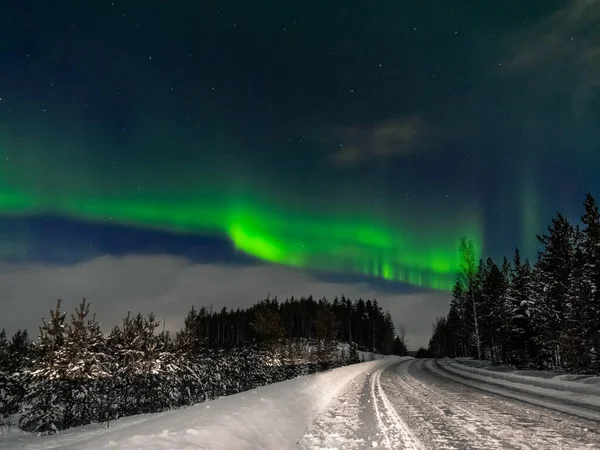 Nordlichter Hintergrund Der Straße Und Des Waldes Polarnacht Finnland — Stockfoto