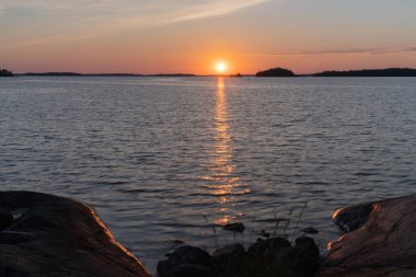 Denizde gün batımı, kayalar ve kuzey alçak çam ağaçları. Finlandiya doğası. Turku. Tatil, tatil, rahatlama konsepti