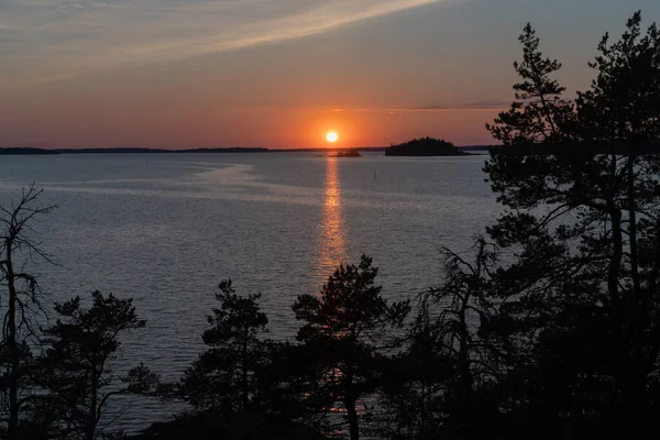 Захід Сонця Море Скелі Північні Низькі Сосни Фінська Природа Турку — стокове фото