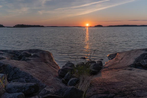 Sunset Sea Rocks Northern Low Pines Finnish Nature Turku Vacation — Stock Photo, Image