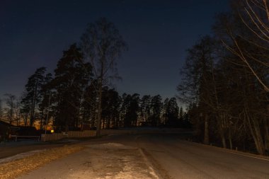 Göl üzerindeki kış manzarası. Ön planda ağaçlar var. Yıldızlı gökyüzü. Akşam fotoğrafı.