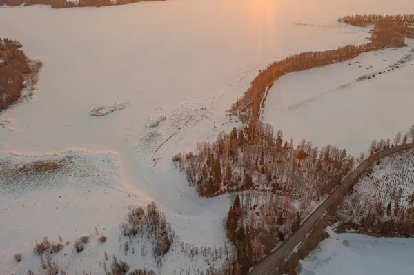 Landscape Forest Ice Covered Lake Early Sunrise Winter Drone Photo — Stock Photo, Image
