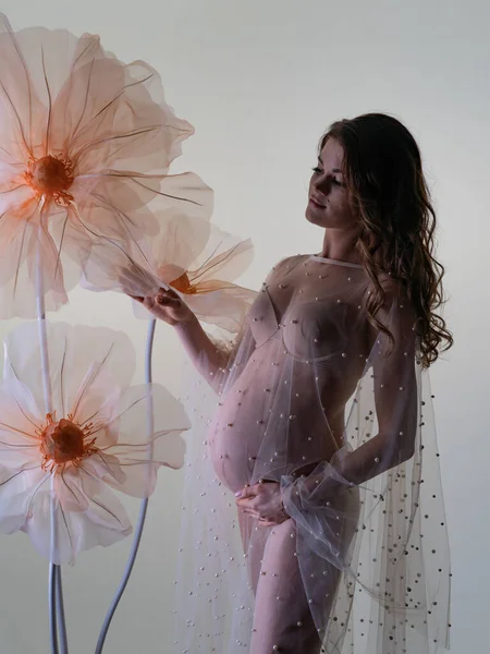 Czułe Zdjęcie Młodej Kobiety Ciąży Bieliźnie Nago Przezroczystej Sukience Ozdobionej — Zdjęcie stockowe