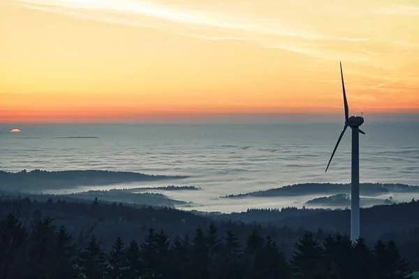 Misty Inversion Sunset Hessian Highlands Windmill Foreground — Stock Photo, Image