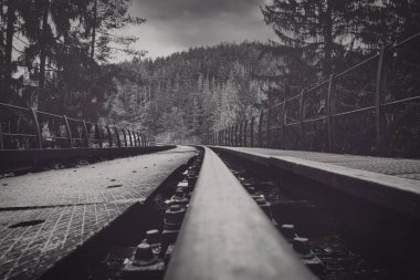 Vadinin üzerindeki demir demiryolu köprüsünün önündeki rayların yakın plan çekimi.